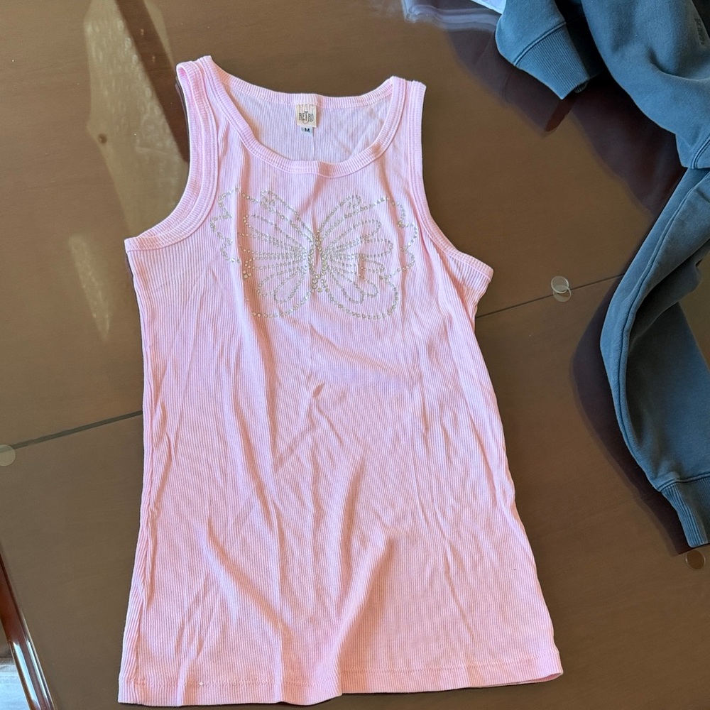 RETRO RAG Pink Tank Top with Embellished Rhinestone Butterfly Design Size Medium